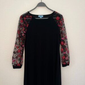 CeCe Black Knit Dress with Pink Embroidered Mesh Sleeves - Size Medium